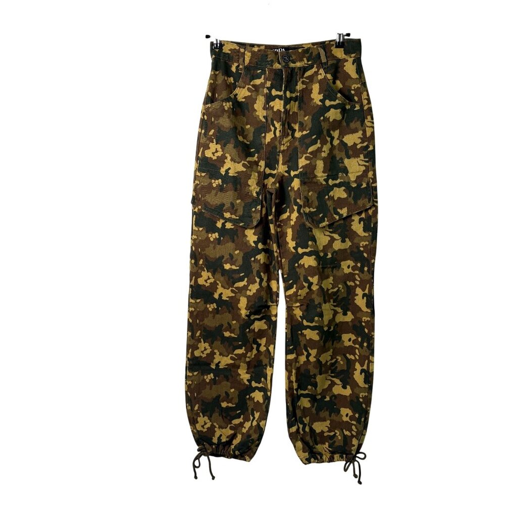 Zara‎ Cargo Pants Womens Size S Green Camo Camouflage High Waist Cotton Jogger